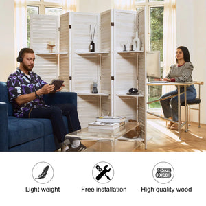 Folding Wooden Room Divider with Shelves and Double Hinges  Wooden Bazar
