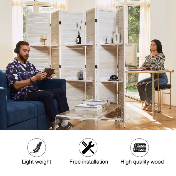 Folding Wooden Room Divider with Shelves and Double Hinges  Wooden Bazar