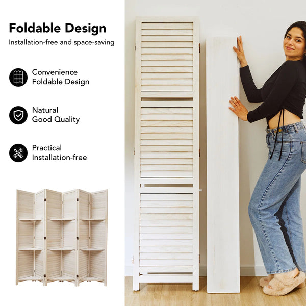 Folding Wooden Room Divider with Shelves and Double Hinges  Wooden Bazar