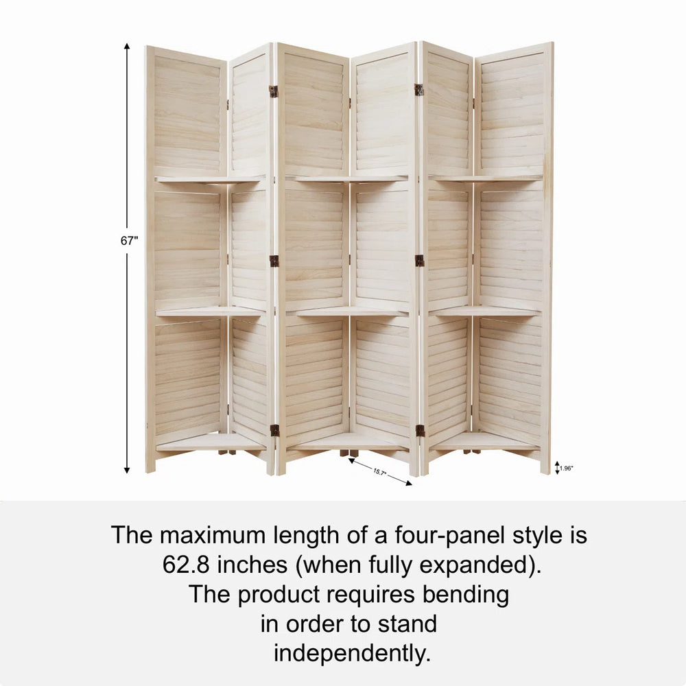Folding Wooden Room Divider with Shelves and Double Hinges  Wooden Bazar