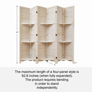Folding Wooden Room Divider with Shelves and Double Hinges  Wooden Bazar