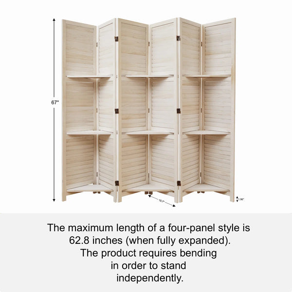 Folding Wooden Room Divider with Shelves and Double Hinges  Wooden Bazar