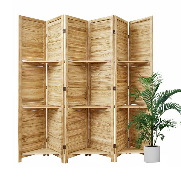 Folding Wood Room Divider with Shelves and Double Hinges   Wooden Bazar