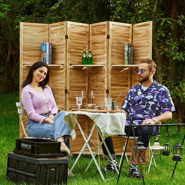 Folding Wood Room Divider with Shelves and Double Hinges   Wooden Bazar