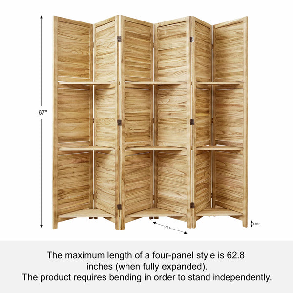 Folding Wood Room Divider with Shelves and Double Hinges   Wooden Bazar