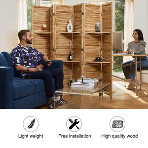 Folding Wood Room Divider with Shelves and Double Hinges   Wooden Bazar