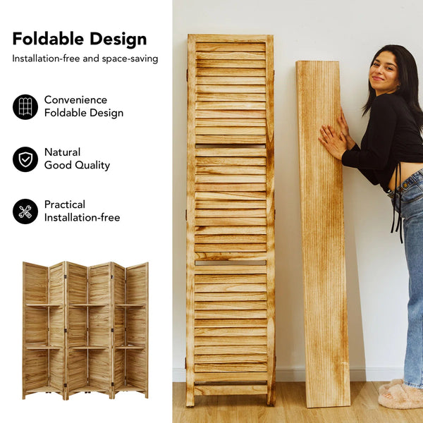 Folding Wood Room Divider with Shelves and Double Hinges   Wooden Bazar