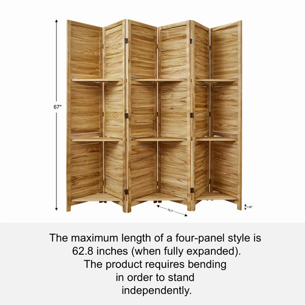 Folding Wood Room Divider with Shelves and Double Hinges   Wooden Bazar