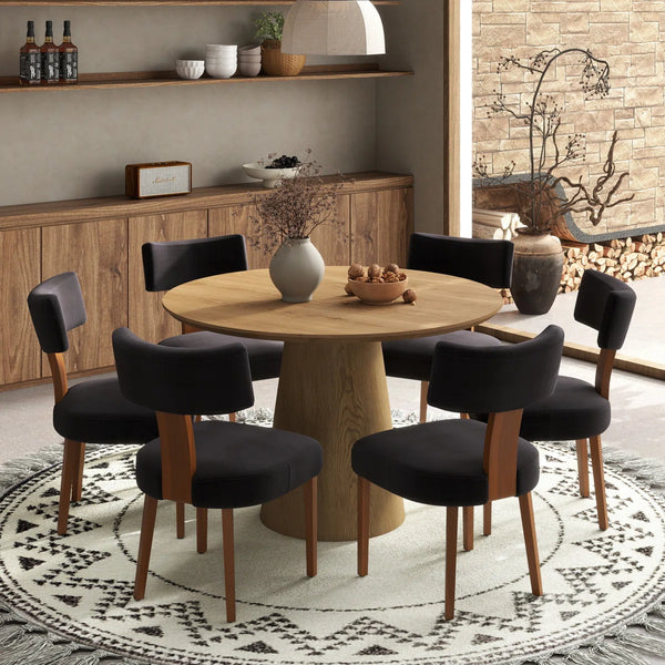 Round Pedestal Dining Set Mid-Century Modern Wooden Table & Upholstered Chair Set For Home, Kitchen, Dining Room