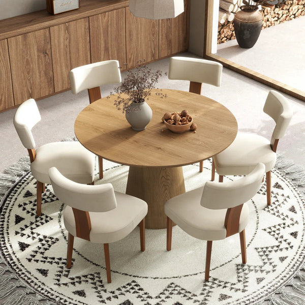 Round Pedestal Dining Set Mid-Century Modern Wooden Table & Upholstered Chair Set For Home, Kitchen, Dining Room