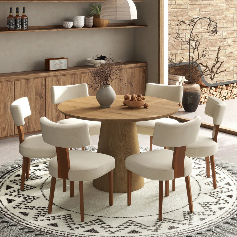 Round Pedestal Dining Set Mid-Century Modern Wooden Table & Upholstered Chair Set For Home, Kitchen, Dining Room