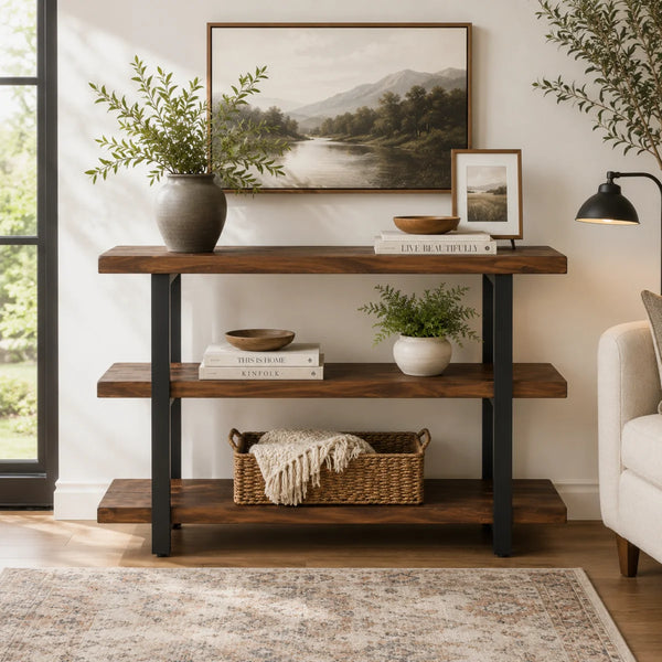 Rustic Industrial Solid Wood Media Console Table  Wooden Bazar