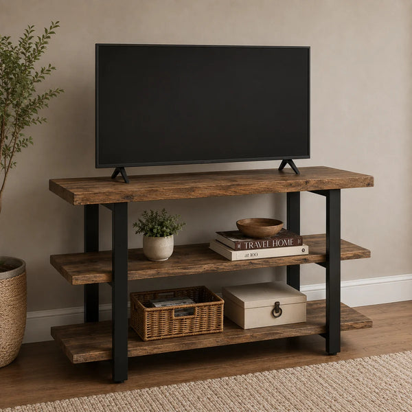 Rustic Industrial Solid Wood Media Console Table  Wooden Bazar