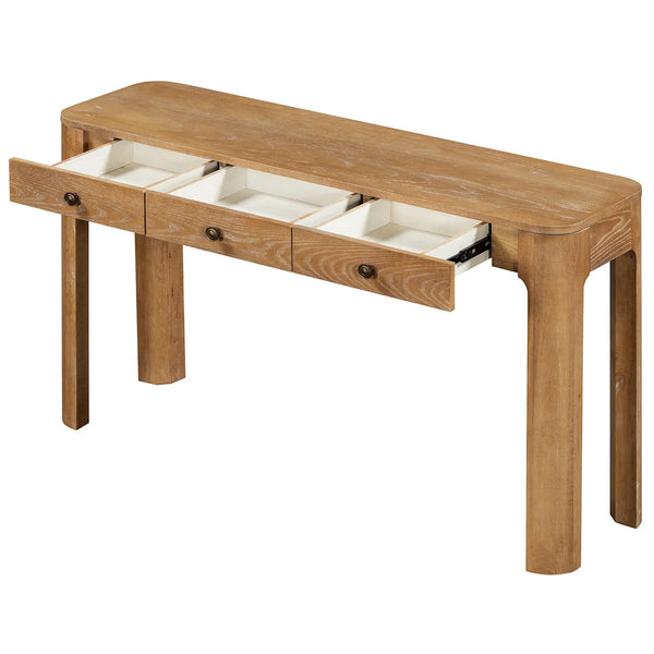 Rustic Console Table with 3 Drawers, Rounded Corners & Sturdy Legs for Entryway  Wooden Bazar
