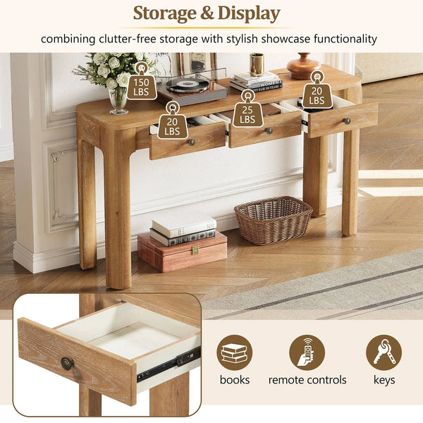 Rustic Console Table with 3 Drawers, Rounded Corners & Sturdy Legs for Entryway  Wooden Bazar