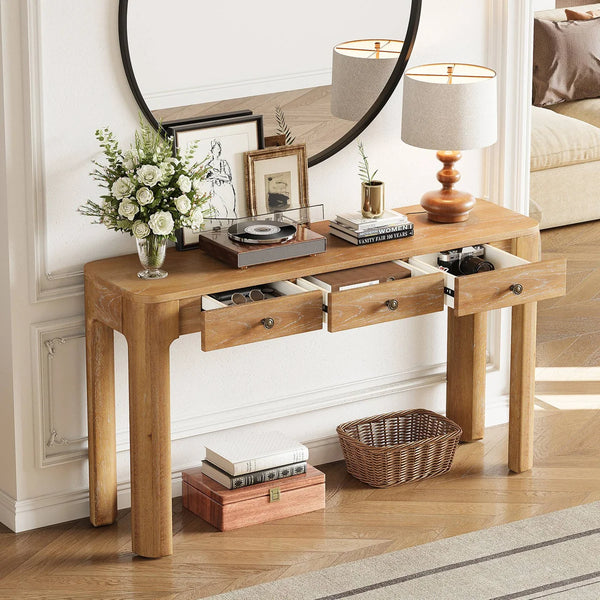 Rustic Console Table with 3 Drawers, Rounded Corners & Sturdy Legs for Entryway  Wooden Bazar