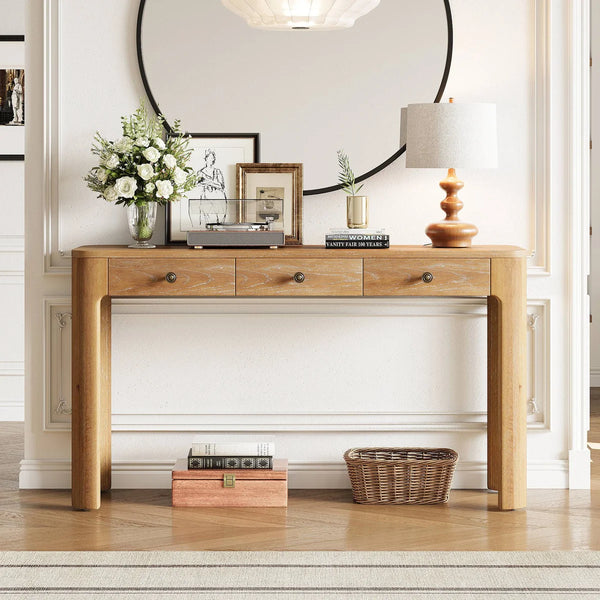 Rustic Console Table with 3 Drawers, Rounded Corners & Sturdy Legs for Entryway  Wooden Bazar