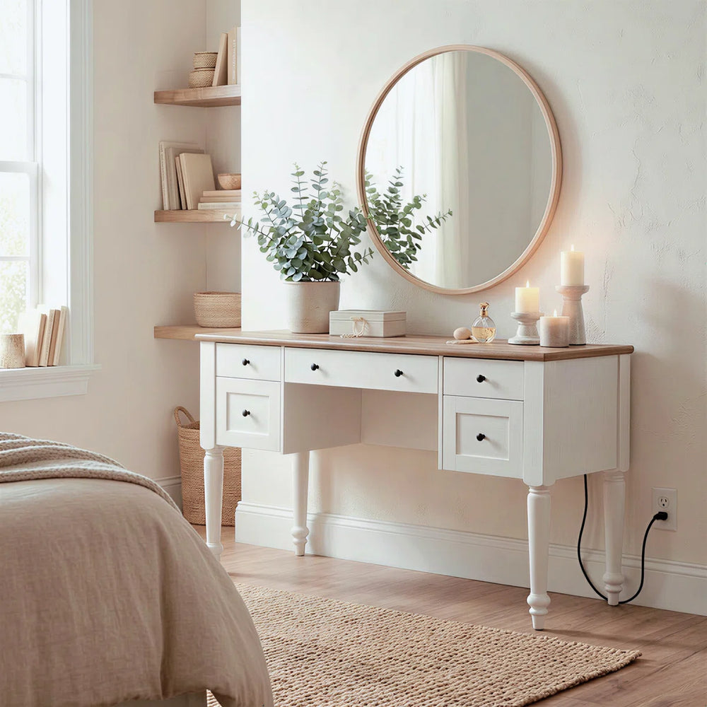 Scarlett 56" Spacious Vanity Desk With 5 Drawers, Charging Station, Rear Cabinet, Open Shelf, Oak, No Mirror  Wooden Bazar