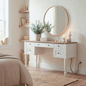 Scarlett 56" Spacious Vanity Desk With 5 Drawers, Charging Station, Rear Cabinet, Open Shelf, Oak, No Mirror  Wooden Bazar