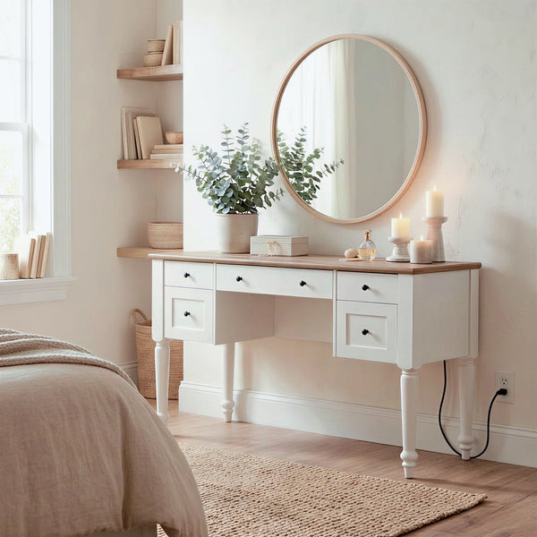 Scarlett 56" Spacious Vanity Desk With 5 Drawers, Charging Station, Rear Cabinet, Open Shelf, Oak, No Mirror  Wooden Bazar