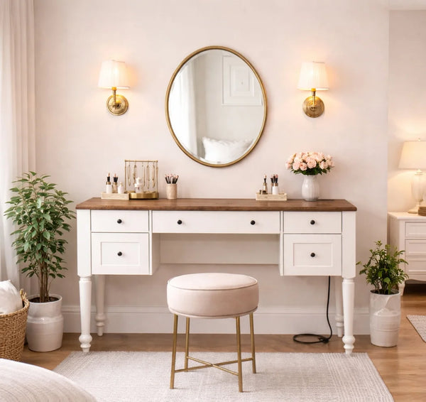 Scarlett 56" Spacious Vanity Desk With 5 Drawers, Charging Station, Rear Cabinet, Open Shelf, Oak, No Mirror  Wooden Bazar