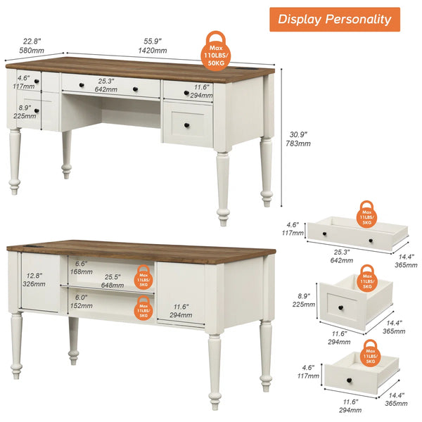 Scarlett 56" Spacious Vanity Desk With 5 Drawers, Charging Station, Rear Cabinet, Open Shelf, Oak, No Mirror  Wooden Bazar