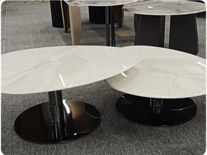 Modern Oval Marble-Top Nesting Coffee Table Set with Black Pedestal Base