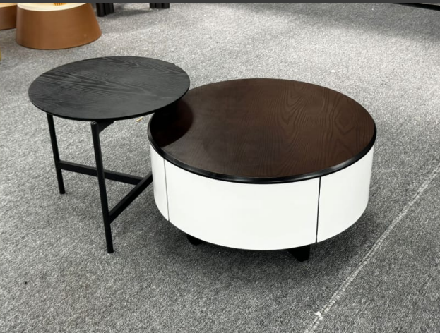 Modern Round Nesting Coffee Table Set with Storage & Wooden Top
