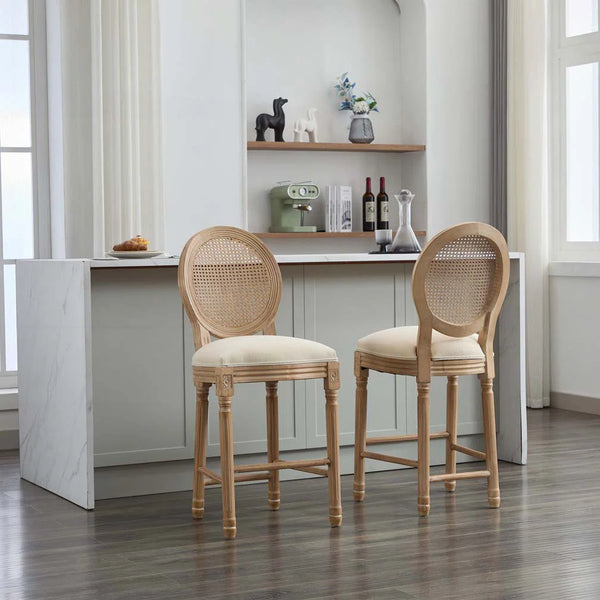 Set of 2 French Country Solid Wood Bar Stools with Upholstered Seats  Wooden Bazar