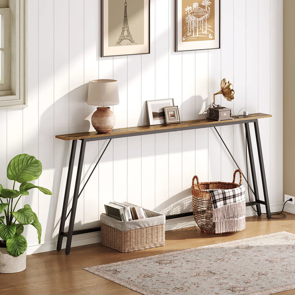 Narrow Console Table with Power Outlets for Entryway, Hallway & Living Room  Wooden Bazar