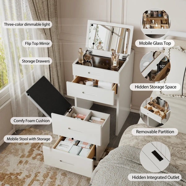 3-in-1 Solid Wood Vanity Table with Flip-Top LED Mirror, Hidden Stool & Built-In Outlet  Wooden Bazar