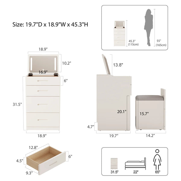 3-in-1 Solid Wood Vanity Table with Flip-Top LED Mirror, Hidden Stool & Built-In Outlet  Wooden Bazar