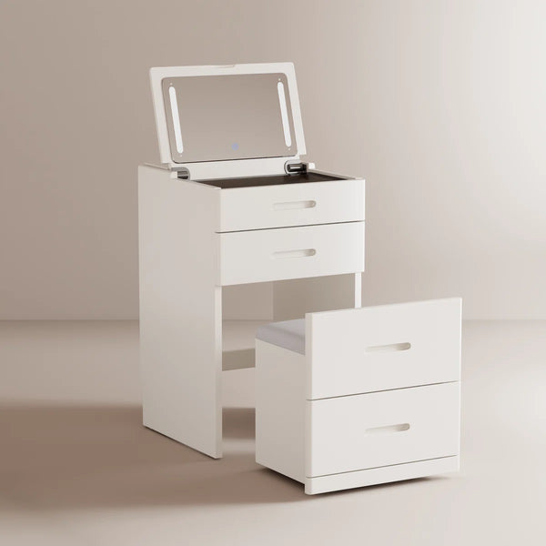 3-in-1 Solid Wood Vanity Table with Flip-Top LED Mirror, Hidden Stool & Built-In Outlet  Wooden Bazar
