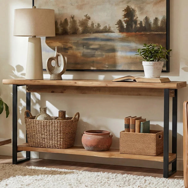 Solid Wood Live-Edge Console Table, 63-Inch Farmhouse Sofa Table  Wooden Bazar