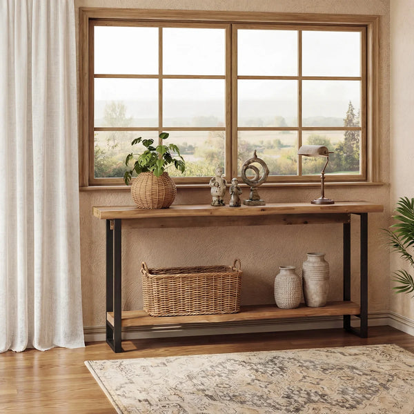 Solid Wood Live-Edge Console Table, 63-Inch Farmhouse Sofa Table  Wooden Bazar