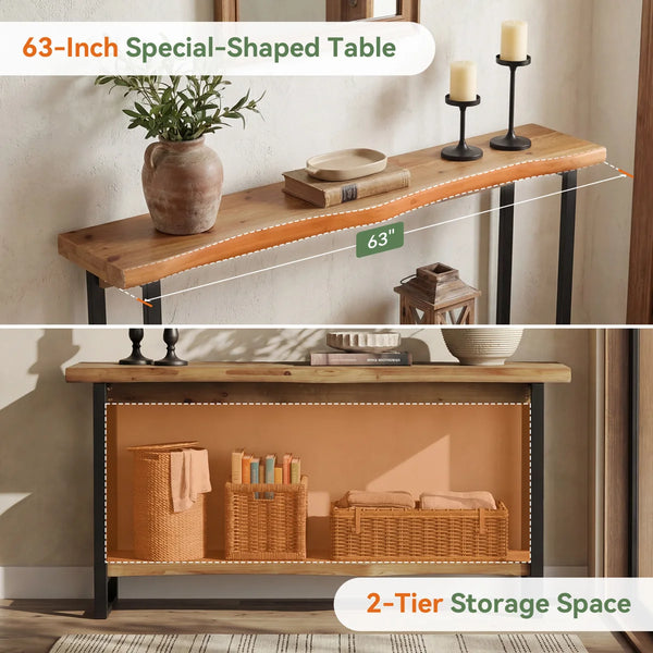 Solid Wood Live-Edge Console Table, 63-Inch Farmhouse Sofa Table  Wooden Bazar