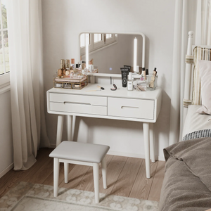 Solid Wood Makeup Vanity, Detachable Mirror, Adjustable Lighting, Equipped with Three Drawers  Wooden Bazar