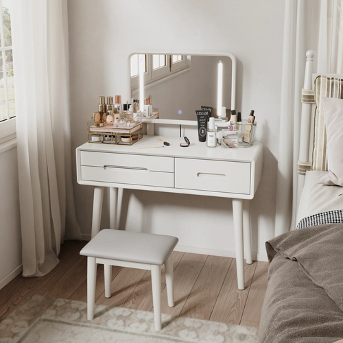Solid Wood Makeup Vanity, Detachable Mirror, Adjustable Lighting, Equipped with Three Drawers  Wooden Bazar