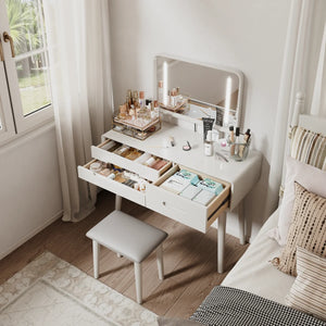 Solid Wood Makeup Vanity, Detachable Mirror, Adjustable Lighting, Equipped with Three Drawers  Wooden Bazar