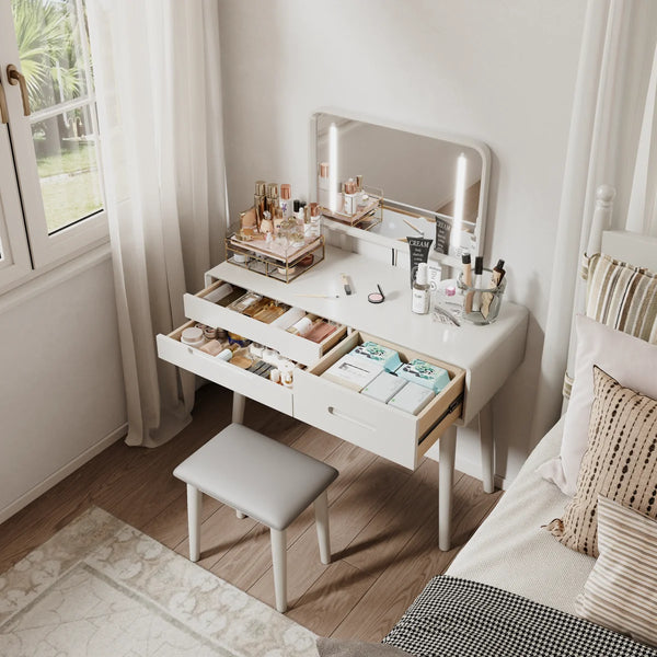 Solid Wood Makeup Vanity, Detachable Mirror, Adjustable Lighting, Equipped with Three Drawers  Wooden Bazar