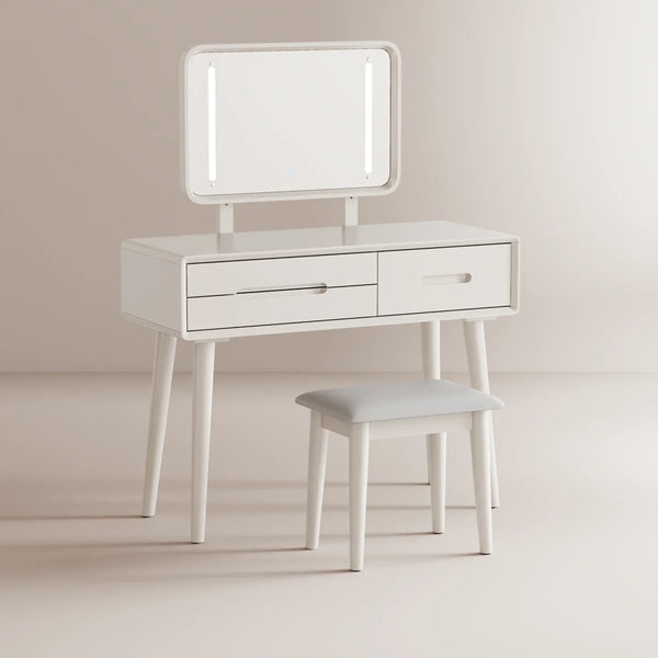 Solid Wood Makeup Vanity, Detachable Mirror, Adjustable Lighting, Equipped with Three Drawers  Wooden Bazar