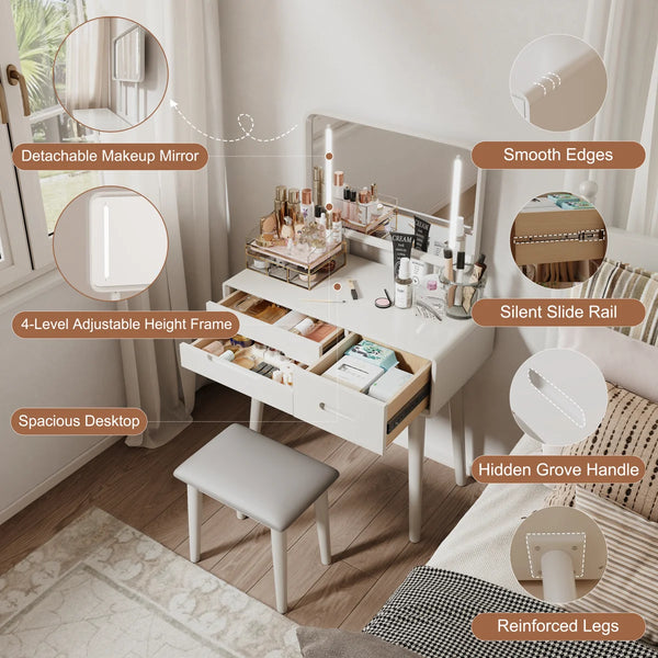 Solid Wood Makeup Vanity, Detachable Mirror, Adjustable Lighting, Equipped with Three Drawers  Wooden Bazar