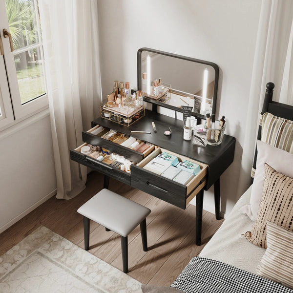 Solid Wood Makeup Vanity, Detachable Mirror, Adjustable Lighting, Equipped with Three Drawers  Wooden Bazar
