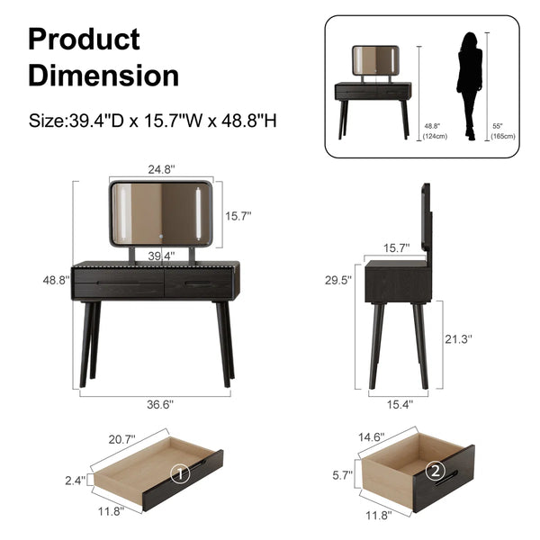 Solid Wood Makeup Vanity, Detachable Mirror, Adjustable Lighting, Equipped with Three Drawers  Wooden Bazar