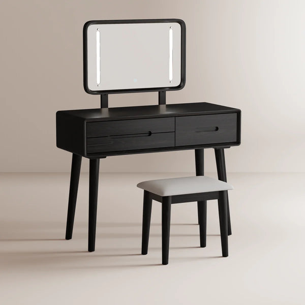 Solid Wood Makeup Vanity, Detachable Mirror, Adjustable Lighting, Equipped with Three Drawers  Wooden Bazar