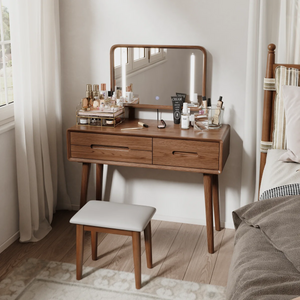 Solid Wood Makeup Vanity, Detachable Mirror, Adjustable Lighting, Equipped with Three Drawers  Wooden Bazar