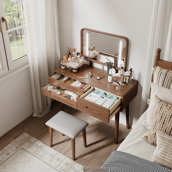 Solid Wood Makeup Vanity, Detachable Mirror, Adjustable Lighting, Equipped with Three Drawers  Wooden Bazar