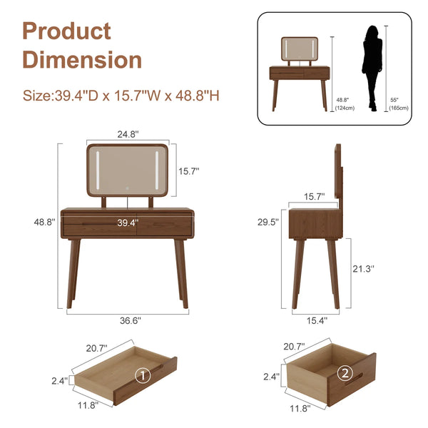 Solid Wood Makeup Vanity, Detachable Mirror, Adjustable Lighting, Equipped with Three Drawers  Wooden Bazar