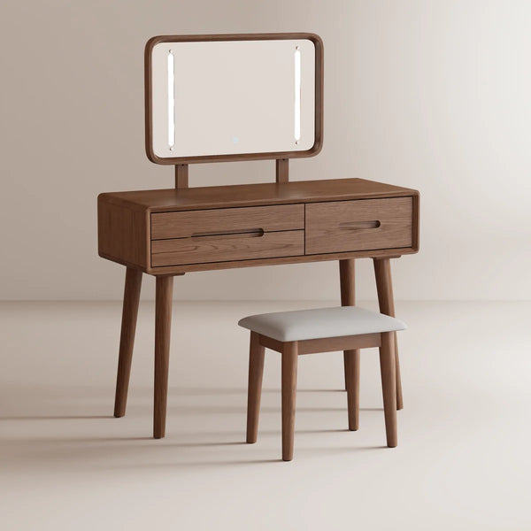 Solid Wood Makeup Vanity, Detachable Mirror, Adjustable Lighting, Equipped with Three Drawers  Wooden Bazar