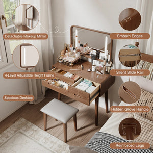 Solid Wood Makeup Vanity, Detachable Mirror, Adjustable Lighting, Equipped with Three Drawers  Wooden Bazar